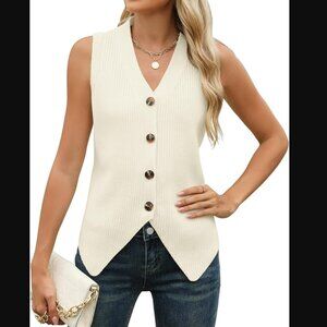 Rapbin Button Down Sleeveless Sweater Vest - Ivory - Small